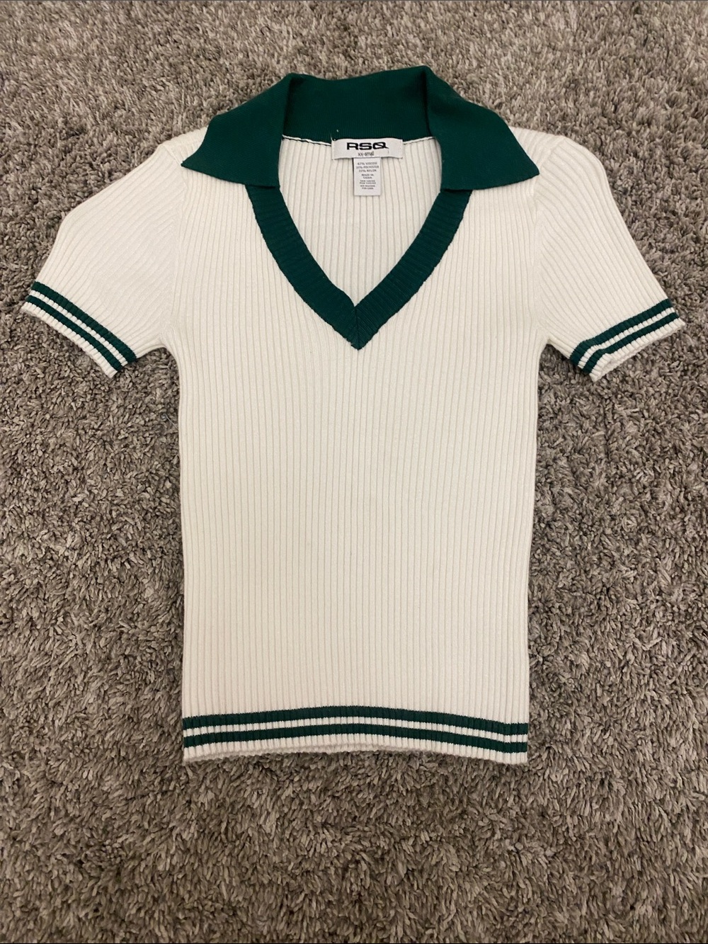 RSQ White Ribbed Polo Top with Dark Green Trim